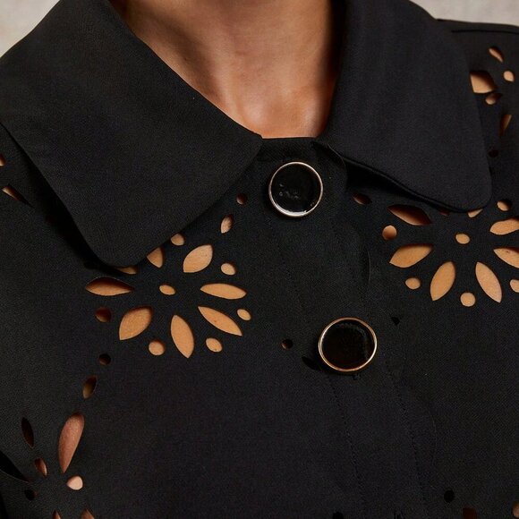 Black Women's Laser Cut Long Sleeve Single-Breasted Blouse And Loose Shorts set - Picture 6 of 6